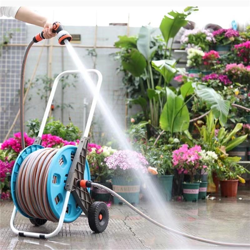 Pistola de rega para jardim, conjunto de mangueira, carrinho de irrigação por aspersão, rack de armazenamento de flores