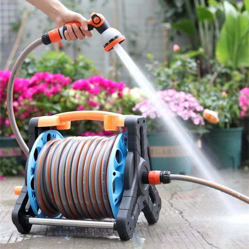 Pistola de rega para jardim, conjunto de mangueira, carrinho de irrigação por aspersão, rack de armazenamento de flores