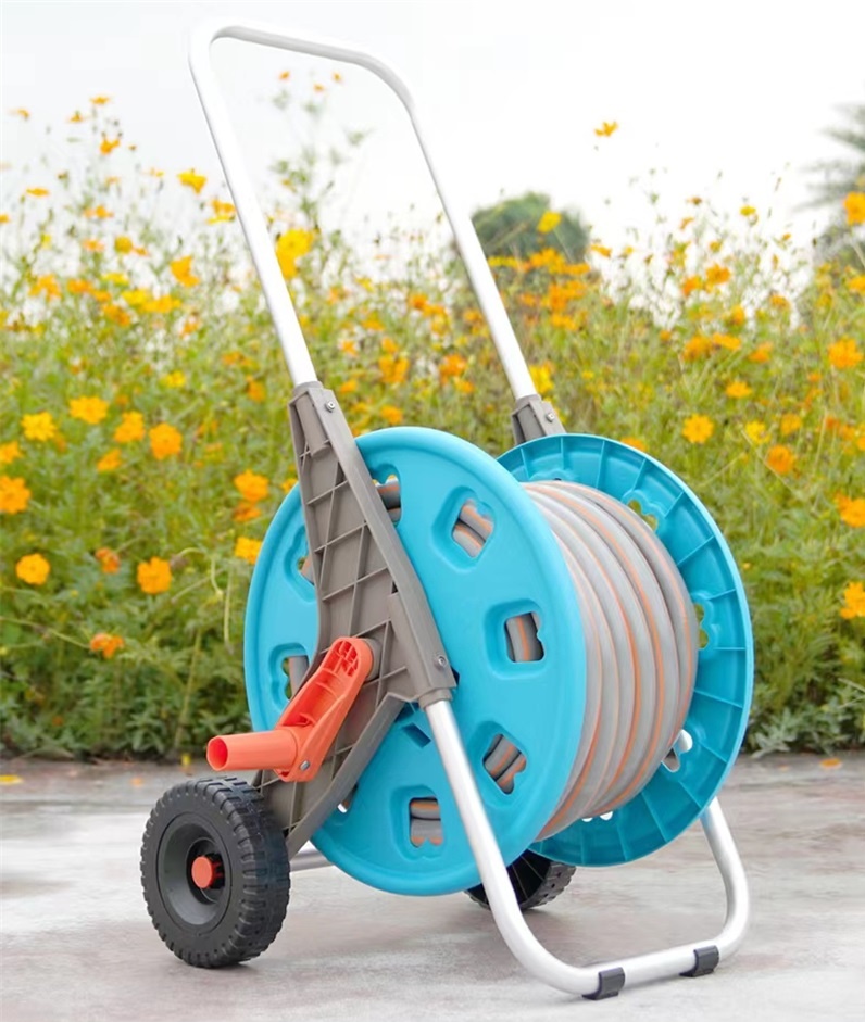 Pistola de rega para jardim, conjunto de mangueira, carrinho de irrigação por aspersão, rack de armazenamento de flores